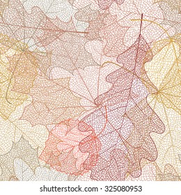 Seamless autumn pattern from skeletons of leaves. Vector illustration for banner, card, background, textile, paper packaging, wrapping paper, scrapbooking, wallpaper, textile etc. Vector illustration.