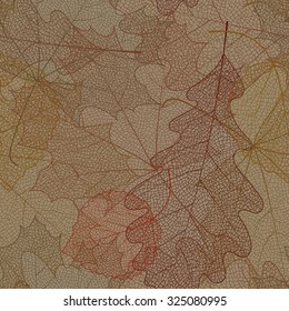 Seamless autumn pattern from skeletons of leaves. Vector illustration for banner, card, background, textile, paper packaging, wrapping paper, scrapbooking, wallpaper, textile etc. Vector illustration.