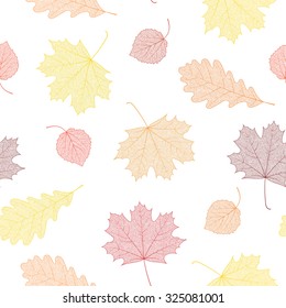 Seamless autumn pattern from skeletons of leaves. Vector illustration for banner, card, background, textile, paper packaging, wrapping paper, scrapbooking, wallpaper, textile etc. Vector illustration.