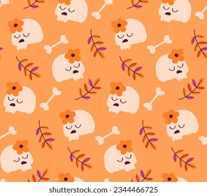 Seamless autumn pattern with skull and flower. Cute Halloween Wallpaper
