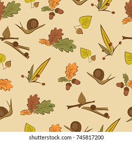 Seamless autumn pattern with snail, acorn, leaf, bump.