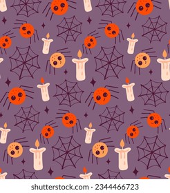 Seamless autumn pattern with spider and spider web. Creepy Halloween wallpaper.