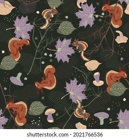seamless autumn pattern with squirell and chipmunks, vector design for paper, fabric and other surface
