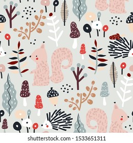 Seamless autumn pattern with squirrel, mushrooms and hedgehog. Creative woodland texture for fabric, wrapping, textile, wallpaper, apparel. Vector illustration