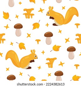Seamless autumn pattern with squirrels, mushrooms and yellow leaves white background. Beautiful print for textiles, wallpaper, packaging cartoon style.