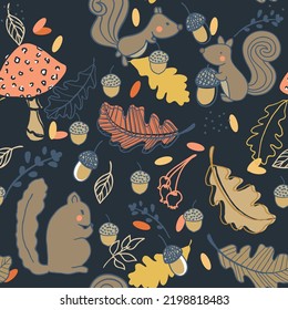 Seamless Autumn pattern with squirrels, oak leaves, acorn, mushroom, and leaves.