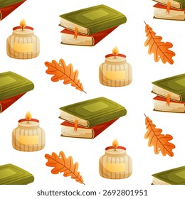 Patrón de otoño sin fisuras de pilas de libros y velas. Perfecto para textiles, papel de embalaje y fundas. Ilustración vectorial.