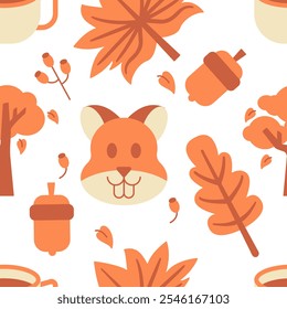 Seamless Autumn pattern with stylized autumn foliage. falling leaves, dog rose, hazelnut, Mushroom, squirrel, rake, coffee mug