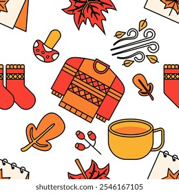 Seamless Autumn pattern with stylized autumn foliage. falling leaves, dog rose, hazelnut, Mushroom, squirrel, rake, coffee mug