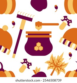 Seamless Autumn pattern with stylized autumn foliage. falling leaves, dog rose, hazelnut, Mushroom, squirel, rake, coffee mug