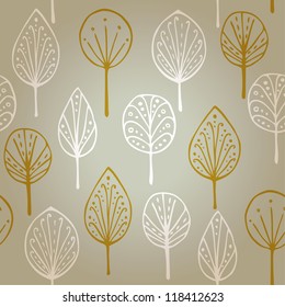 Seamless autumn pattern with stylized leaves. Decorative texture with white and golden ornamental leaves, template for design and decoration