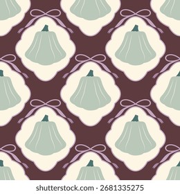 Seamless autumn pattern with stylized mint pumpkins tied by delicate purple bows on a dark burgundy background, vintage harvest style.