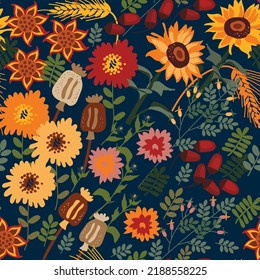 seamless autumn pattern with sunflowers, acorn, spikelets and other plants. Vector design for paper, fabric and other surface