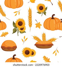 Seamless autumn pattern with sunflowers, wheat ears, pumpkin, pie and yellow leaves white background. Beautiful print for textiles, wallpaper, packaging cartoon style. 