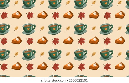 Seamless autumn pattern with tea cups, pumpkin pie and colorful fall leaves. Cartoon vector digitalpaper design 