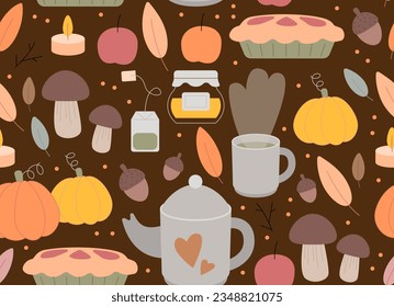 Seamless autumn pattern. Teapot and cup, forest leaves and mushrooms, pie and pumpkins. Thanksgiving holiday background. Cozy fall design
