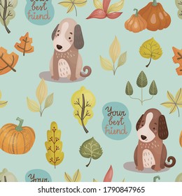 Seamless autumn pattern with terrier puppy, pumpkins and forest leaves in green and orange colors in flat cartoon hygge style