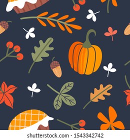 Seamless autumn pattern for thanksgiving. Autumn leaves, orange pumpkins, birthday cake, berries and acorns. Vector illustration.
