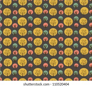 Seamless autumn pattern with trees and bushes. Endless background hand drawn vector texture for wallpaper, wrapper, cover, crafts, clothes, art