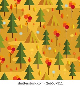 Seamless autumn pattern. Autumn trees on yellow background.