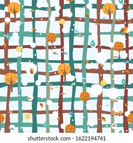 Seamless Autumn Pattern. Trees, Sun and drops of Rain