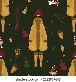 Seamless, autumn pattern. A trip for mushrooms. Raincoat, rubber boots, leaves, hot tea, hat, acorns, twigs. Autumn forest. Vector illustration for a postcard. Rainy weather. Forest ranger's clothes.