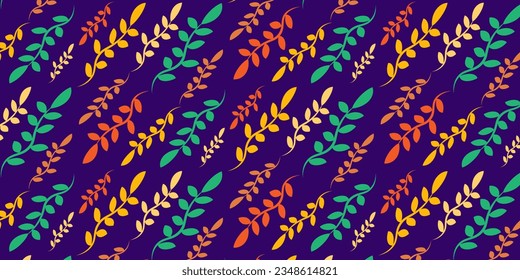 Seamless autumn pattern twigs foliage yellow orange red green on blue background Vector EPS10