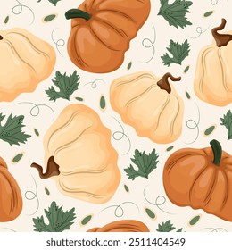 seamless autumn pattern with two types of pumpkins of round size and white and orange color on a light background, vector	