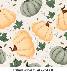 seamless autumn pattern with two types of round and white and green pumpkins with pumpkin seeds and leaves on a light background, vector