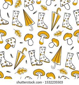 Seamless autumn pattern with umbrella, rubber boots and mushrooms.