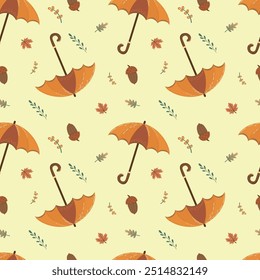  Seamless autumn pattern with umbrellas, acorns, leaves, and twigs in warm, cozy fall colors