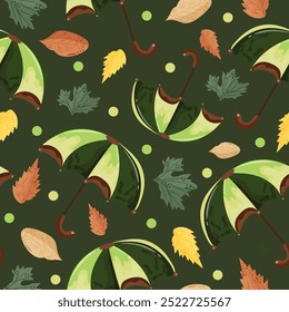 seamless autumn pattern with autumn umbrellas with avocado design, autumn leaves on dark green background, vector