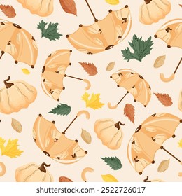 nahtloses Herbstmuster mit Regenschirmen mit Design von runden weißen Kürbissen, Kürbissen und Herbstblättern auf weißem Hintergrund, Vektorgrafik