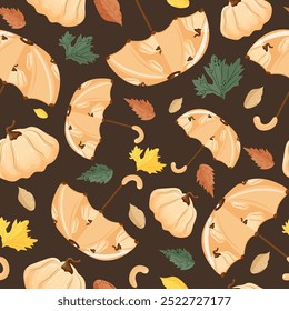 seamless autumn pattern with umbrellas with design of round white pumpkins, pumpkins and autumn leaves on brown background, vector