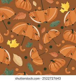 seamless autumn pattern with umbrellas with design of round orange pumpkins, pumpkins and autumn leaves on dark orange background, vector