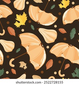 seamless autumn pattern with umbrellas with design of long white pumpkins, pumpkins and autumn leaves on brown background, vector