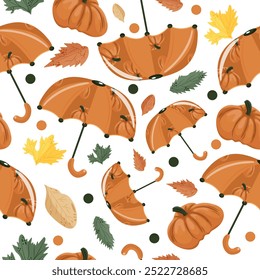 seamless autumn pattern with umbrellas with design of round orange pumpkins, pumpkins and autumn leaves on white background, vector