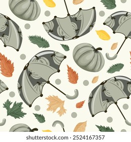 seamless autumn pattern with umbrellas with design of round green pumpkins, pumpkins and autumn leaves on white background, vector