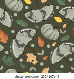 seamless autumn pattern with umbrellas with design of round green pumpkins, pumpkins and autumn leaves on green background, vector