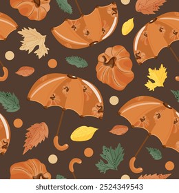 seamless autumn pattern with umbrellas with design of orange pumpkins, pumpkins and autumn leaves on brown background, vector