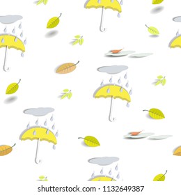 Seamless autumn pattern with umbrellas, leaves and puddles. Vector illustration.