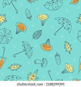 Seamless autumn pattern. Umbrellas, leaves, mushrooms. Background with rain.  Picking mushrooms in the forest, in the park. Doodle style. Vector illustration.