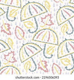Seamless autumn pattern with umbrellas and leaves. Vector illustration