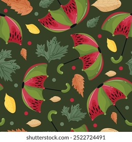 seamless autumn pattern with autumn umbrellas with watermelon design, autumn leaves on dark green background, vector