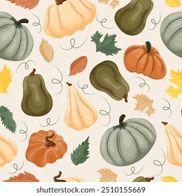 seamless autumn pattern with various pumpkins of different sizes with autumn various leaves and pumpkin leaves on a light background, vector