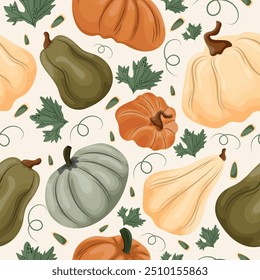 seamless autumn pattern with various pumpkins of different sizes with pumpkin seeds and pumpkin leaves on a light background, vector