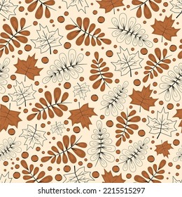 seamless autumn pattern Vector, brown leaves and plants, flat fall design, cozy fall, print for fabric, hello autumn, fall wallpaper, floral forest ornament on a light background for stationery