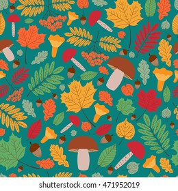 Seamless autumn pattern vector with leaves, oaks, rowan berries and mushrooms. Print for fabric, child illustration, seasonal greeting card and banner, wrapping paper, surface design.