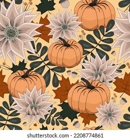 seamless autumn pattern Vector, autumn maple leaves, brown, red, yellow, orange and green leaves and plants, pumpkins for halloween pattern, flat fall design, rowan and acorns, print for fabric