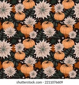 seamless autumn pattern Vector, autumn maple leaves, brown, red, yellow, orange and green leaves and plants, pumpkins for halloween pattern, flat fall design, rowan and acorns, print for fabric